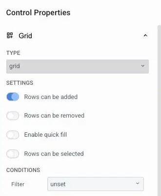 Mirata Control Properties panel for Grid configuration