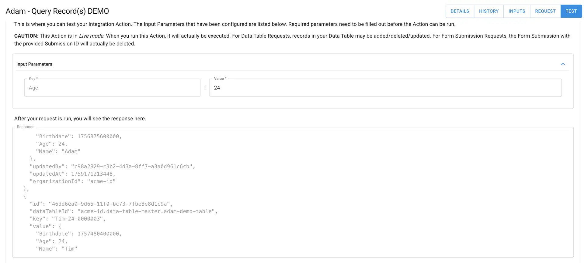 Mirata Data Management - Adam Query Record(s) DEMO page with input parameters and response section