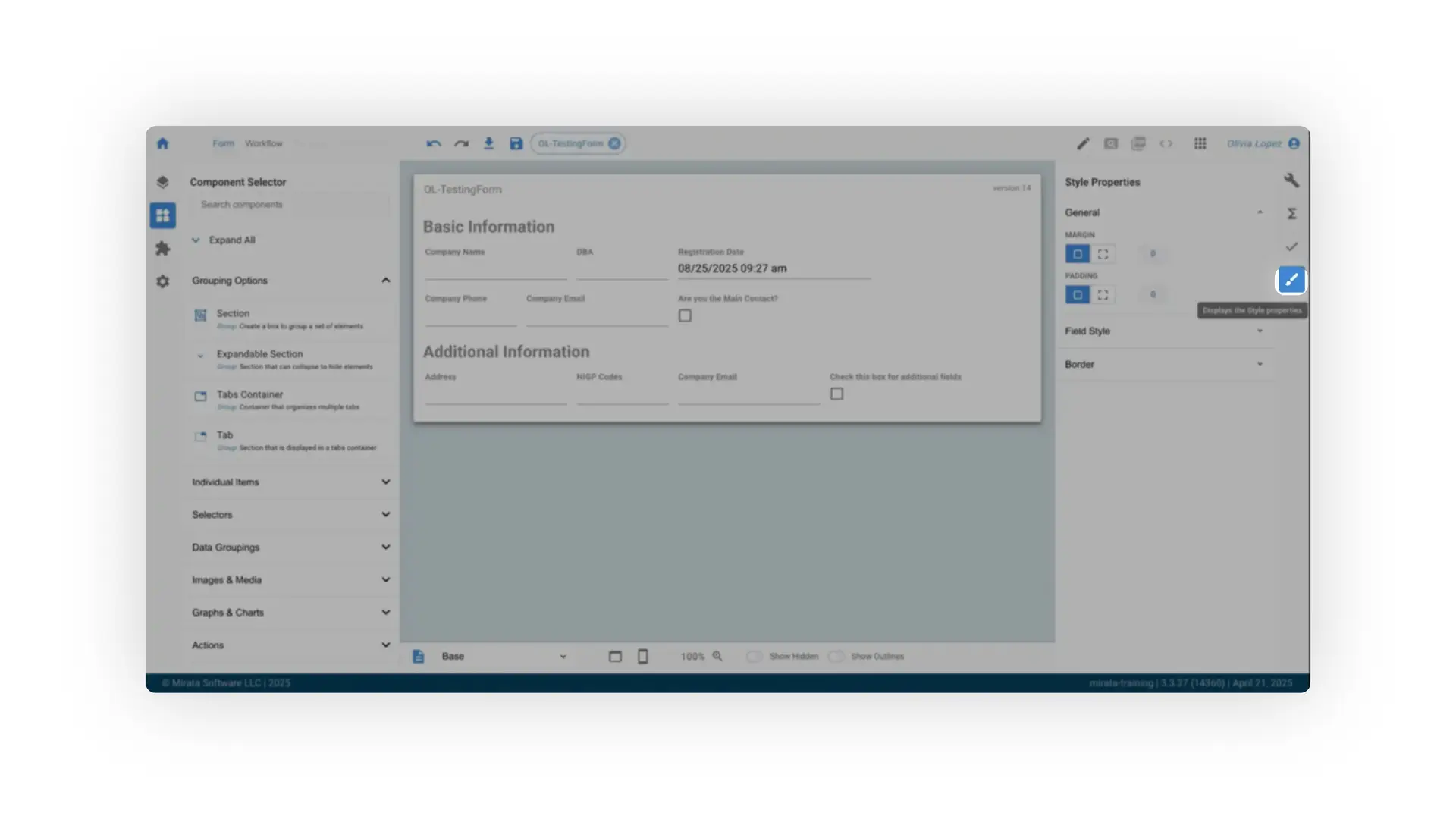 The screenshot shows the Mirata platform's form design interface, with style properties being displayed for a selected field. The user is able to customize the form's appearance.