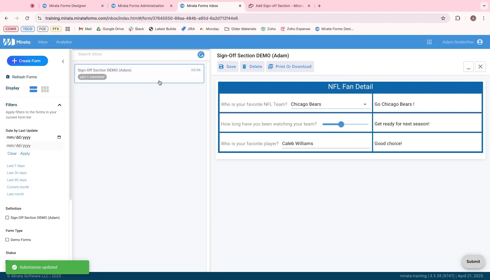Mirata Forms Inbox showing NFL Fan Detail form with options to save, delete, or print.