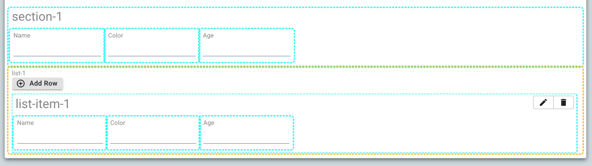 Mirata Forms feature showing section-1 with input fields and list-1 with Add Row button.