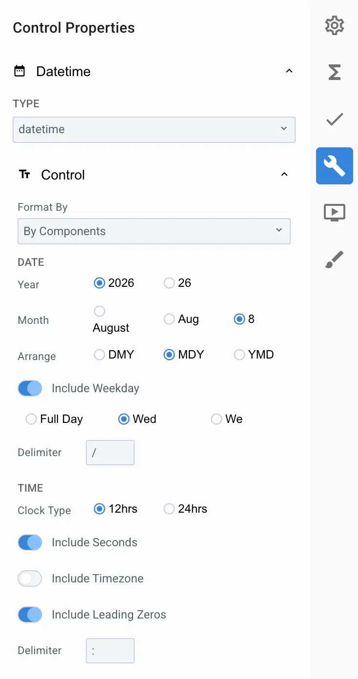 Mirata Control Properties panel for Datetime configuration