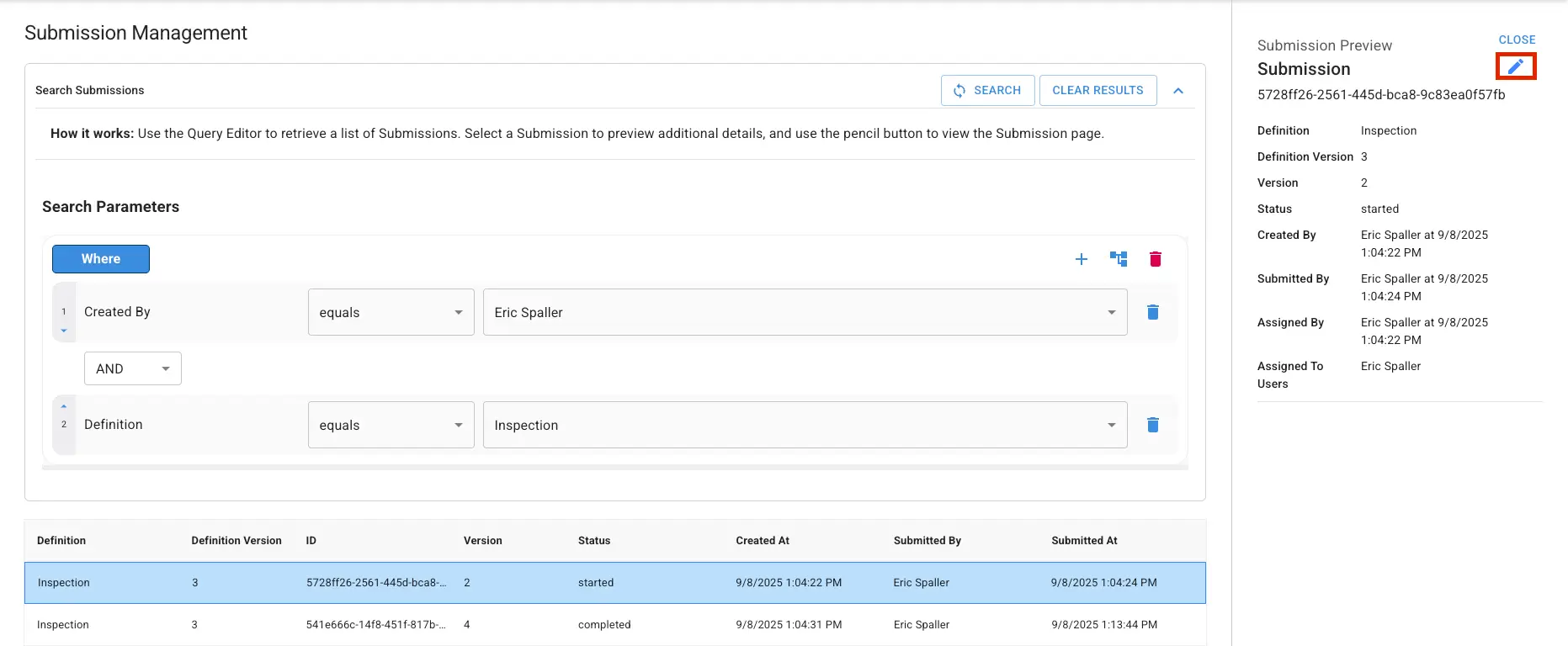 Mirata Submission Management screen showing search parameters and submission preview.