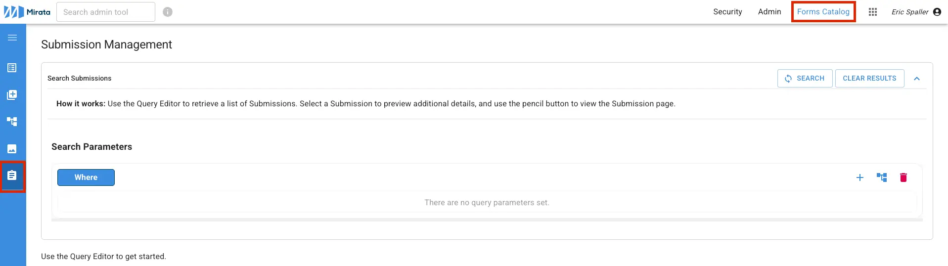Mirata Submission Management page for Forms feature showing search and query options.