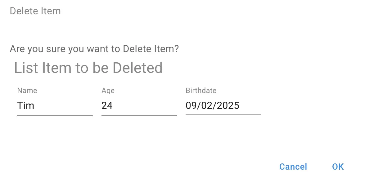 Mirata Forms Delete Item Confirmation Dialog