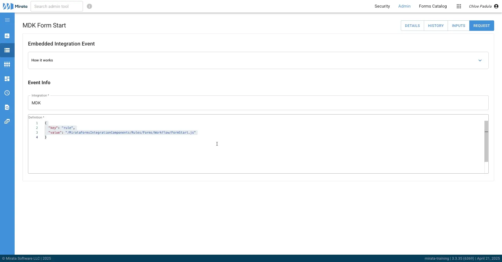 Mirata platform MDK Form Start page showing Embedded Integration Event details.