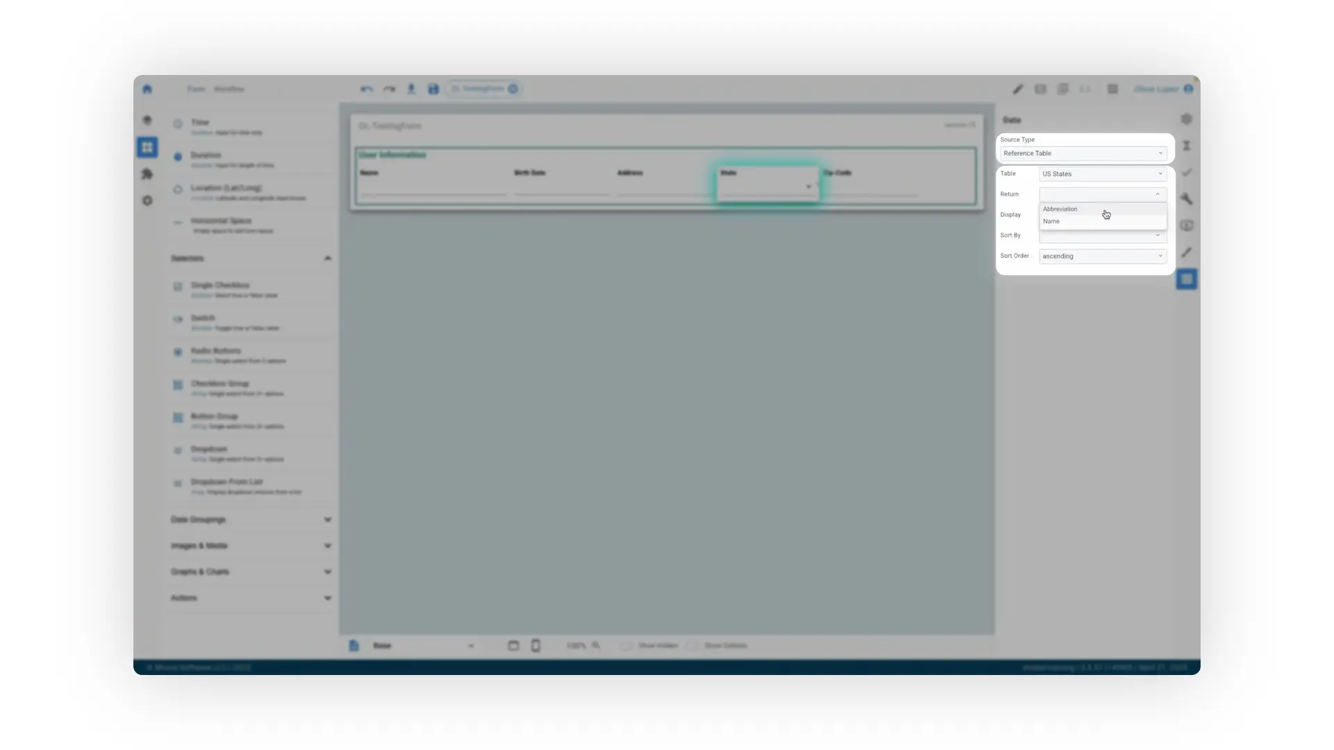 The user is configuring a form in Mirata, specifically focusing on the 'State' field. They are selecting 'Reference Table' as the source type and choosing 'US States' as the table, with the display set to 'Abbreviation'.