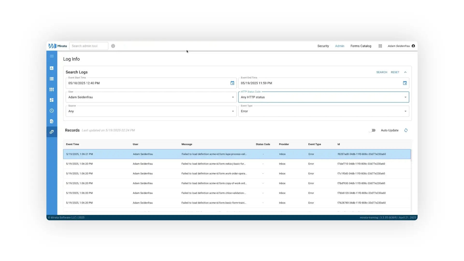 Mirata Error Log page showing search filters and error records for user Adam Seidenfrau.