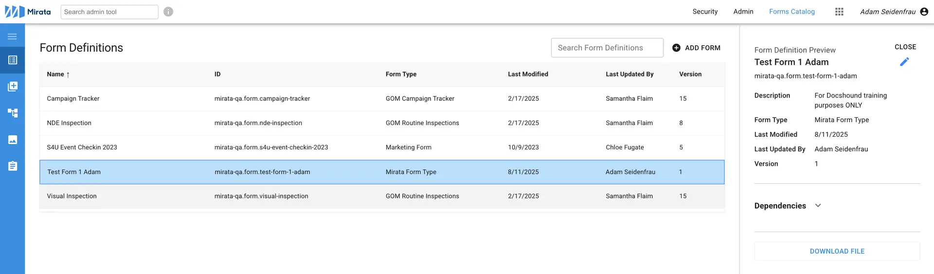 Mirata Forms Catalog - Form Definitions page showing form details and options.