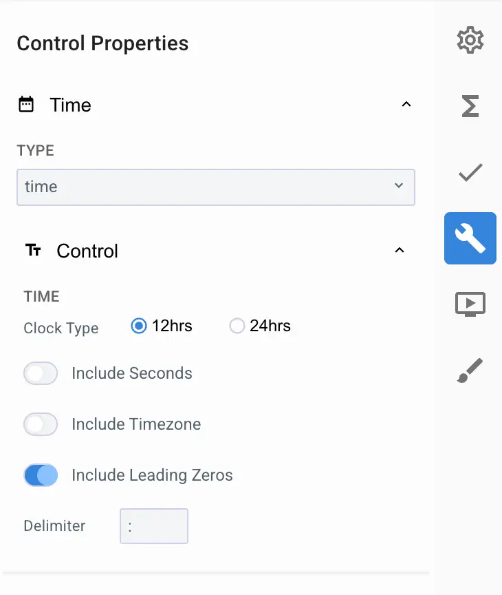 Mirata Control Properties panel for time settings with options for clock type, seconds, timezone, and delimiter.