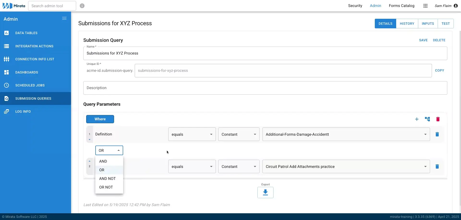 Mirata Admin - Submission Queries for XYZ Process