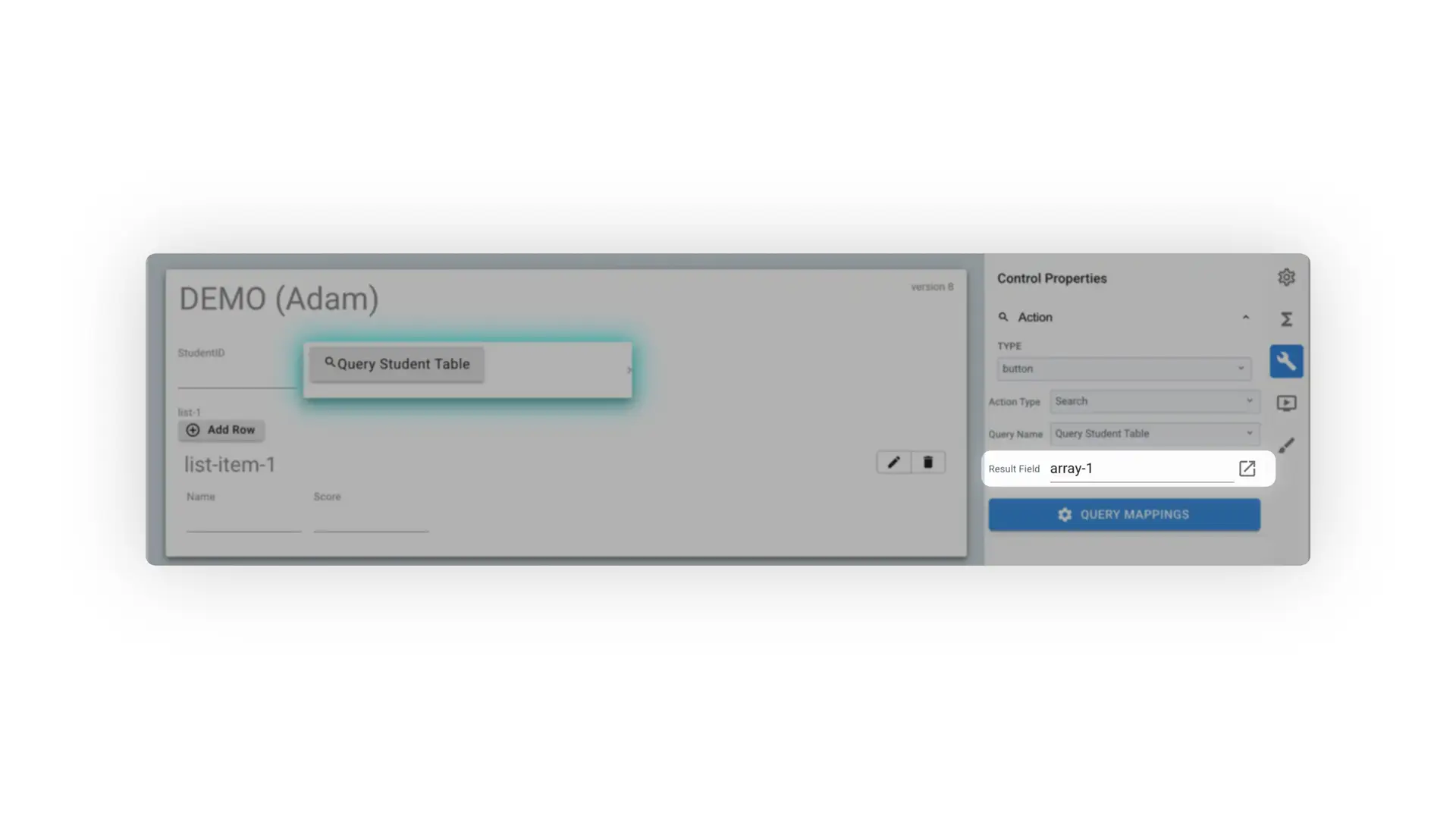 Mirata platform interface showing Query Student Table search button and Control Properties panel