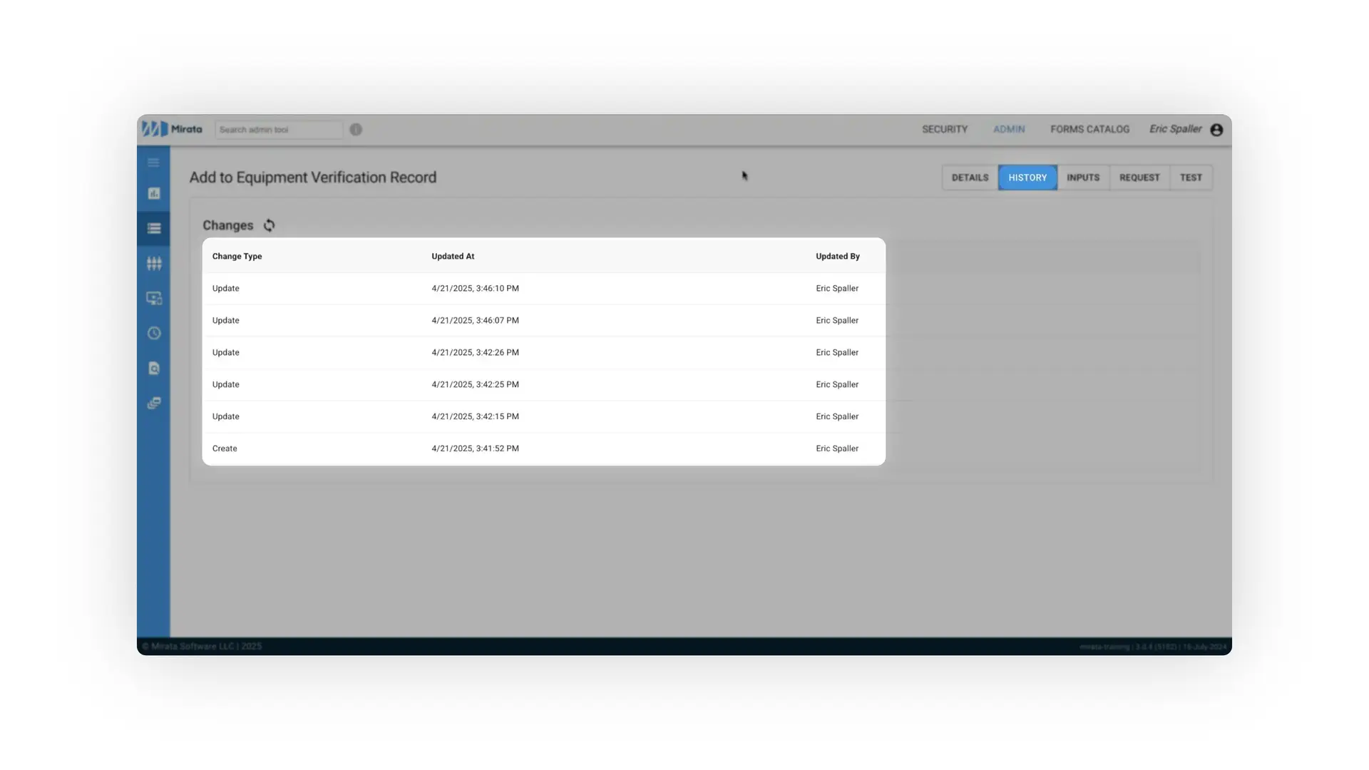 Mirata Workflows History tab showing changes to Equipment Verification Record