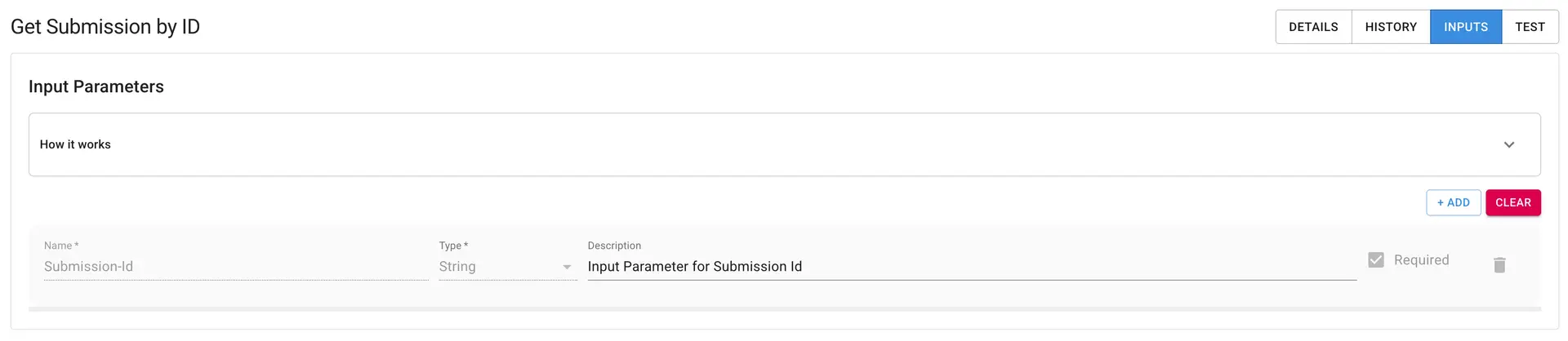 Mirata platform Get Submission by ID screen under INPUTS tab showing input parameters for Submission ID.