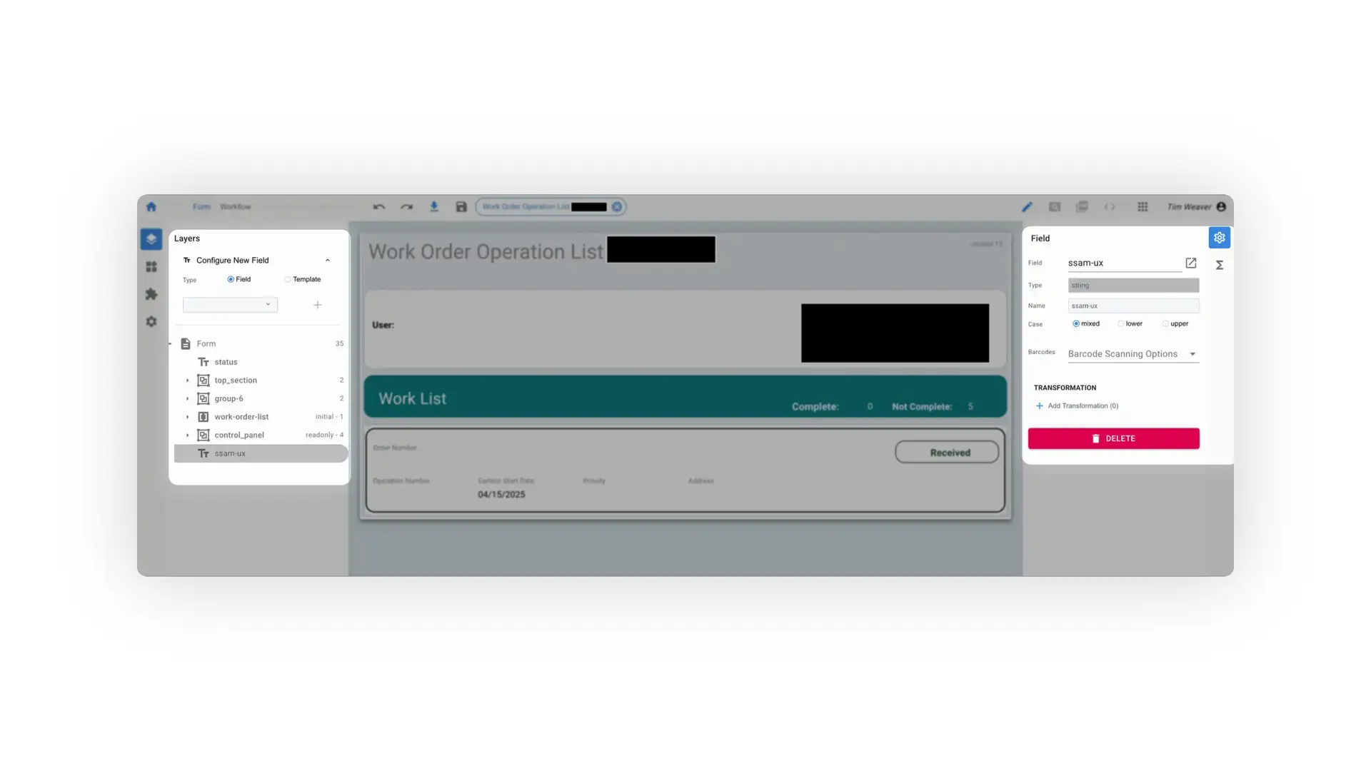Mirata SSAM UX Work Order Operation List interface with field configuration options