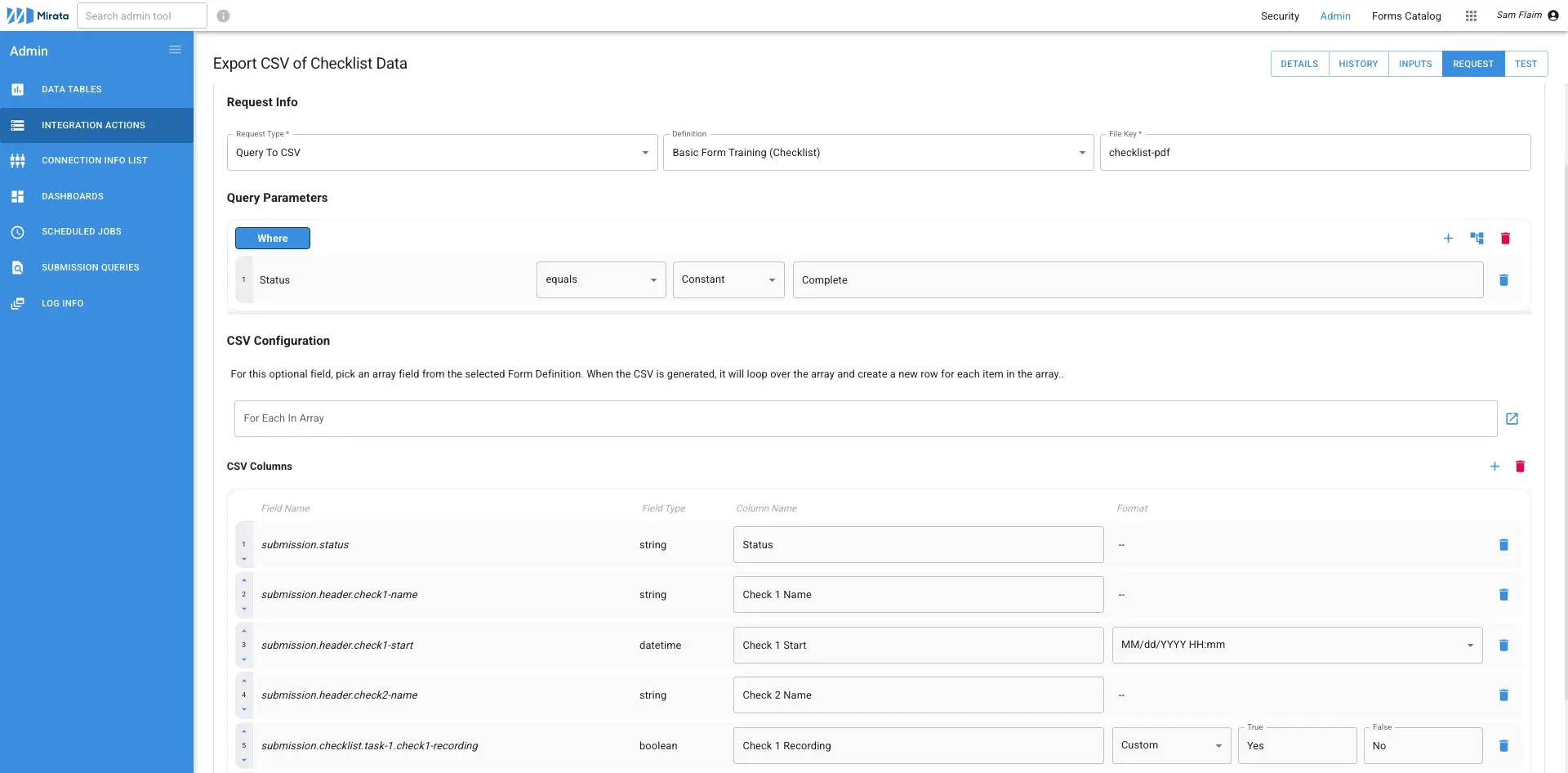 Mirata Admin panel showing Export CSV of Checklist Data under Integration Actions.