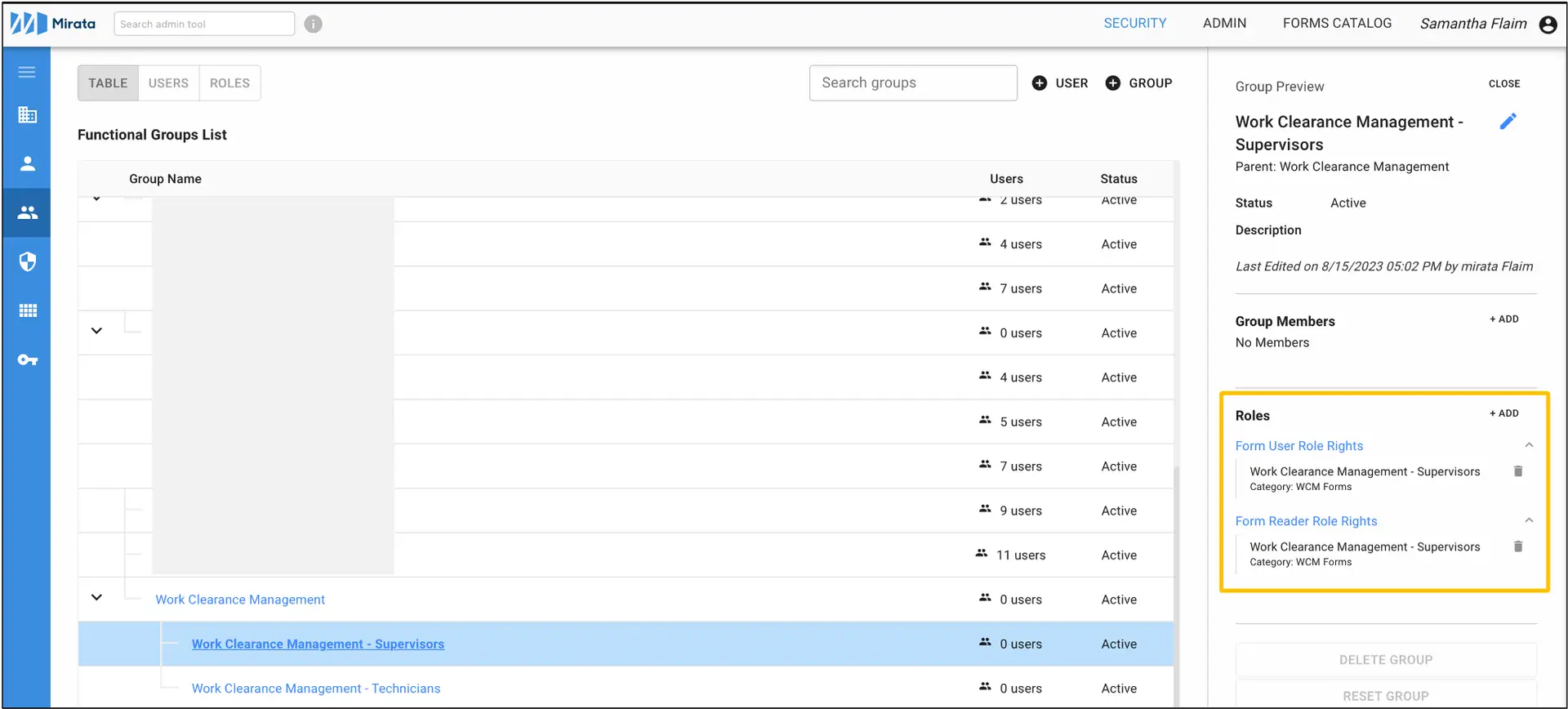 Mirata User Management screen showing Functional Groups List and Group Preview for Work Clearance Management - Supervisors.