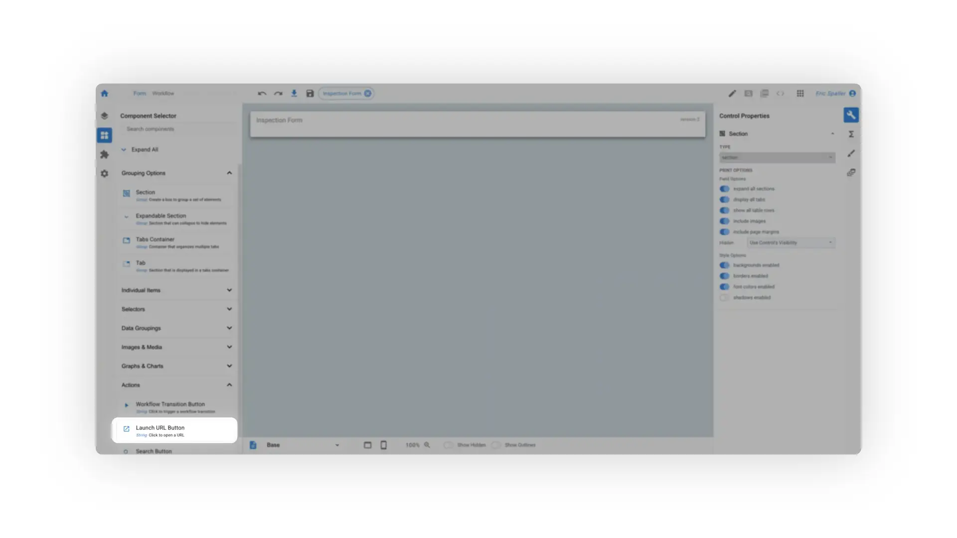 Mirata platform interface showing Inspection Form with Component Selector and Control Properties panels.