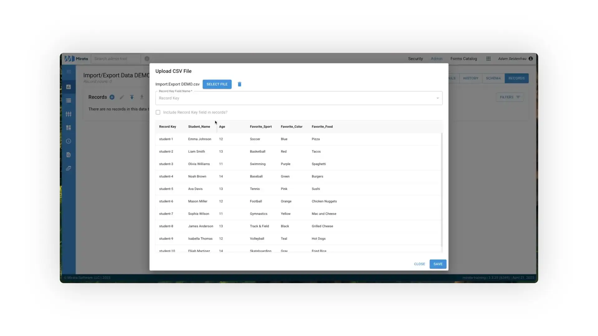 Mirata platform Import/Export Data DEMO screen showing CSV file upload interface with sample student data.