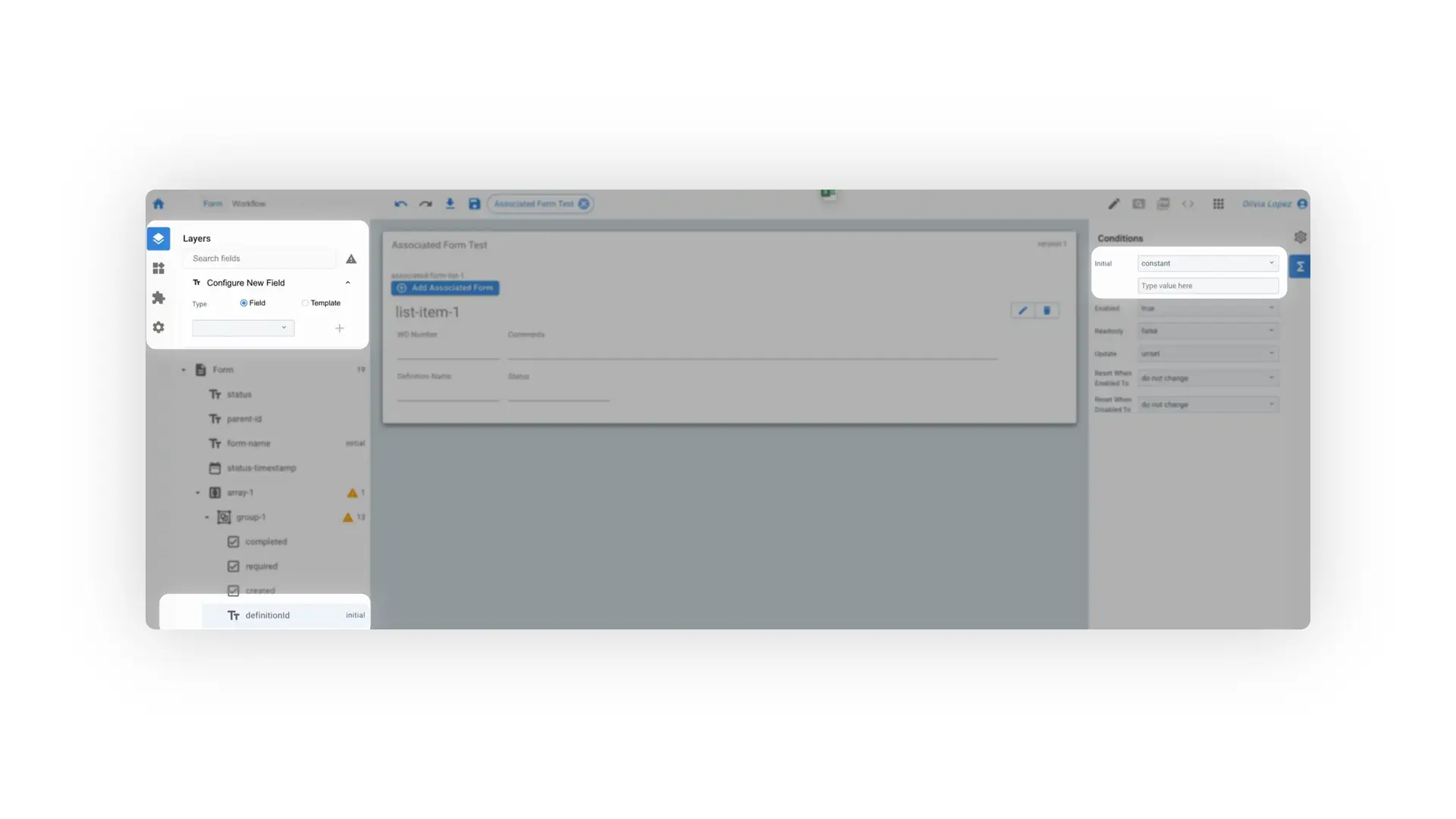 Mirata Forms - Associated Form Test setup screen