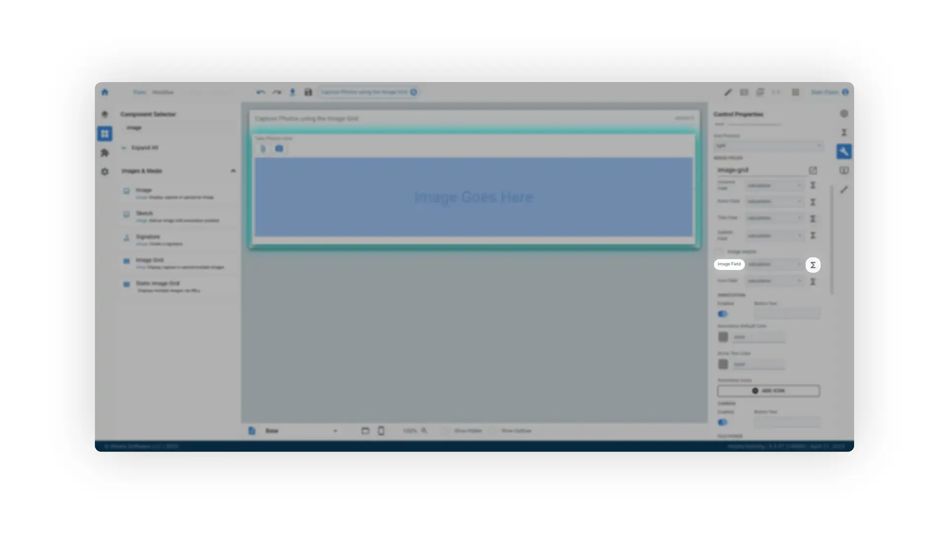 Mirata Forms Add Image Grid interface showing component selector and control properties.