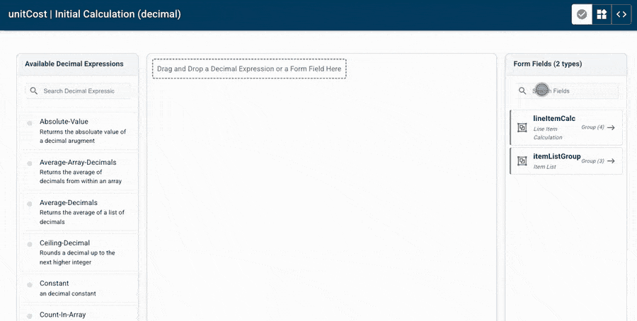 Mirata Calc Editor interface for unitCost initial calculation with available decimal expressions and form fields.