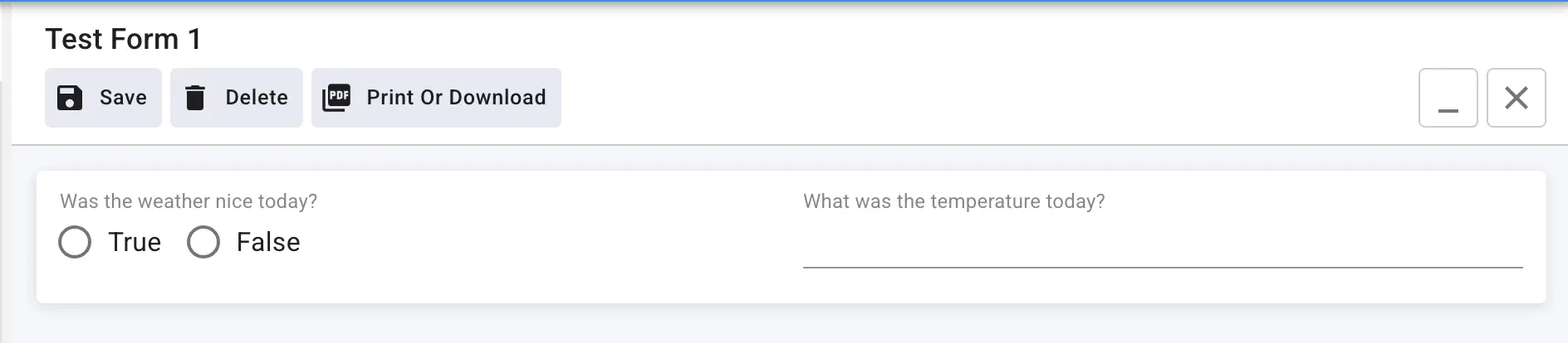 Mirata Forms - Test Form 1 with weather questions and save, delete, print options
