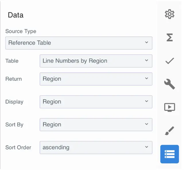 Mirata platform data configuration panel for creating a dependent dropdown with fields for Source Type, Table, Return, Display, Sort By, and Sort Order.