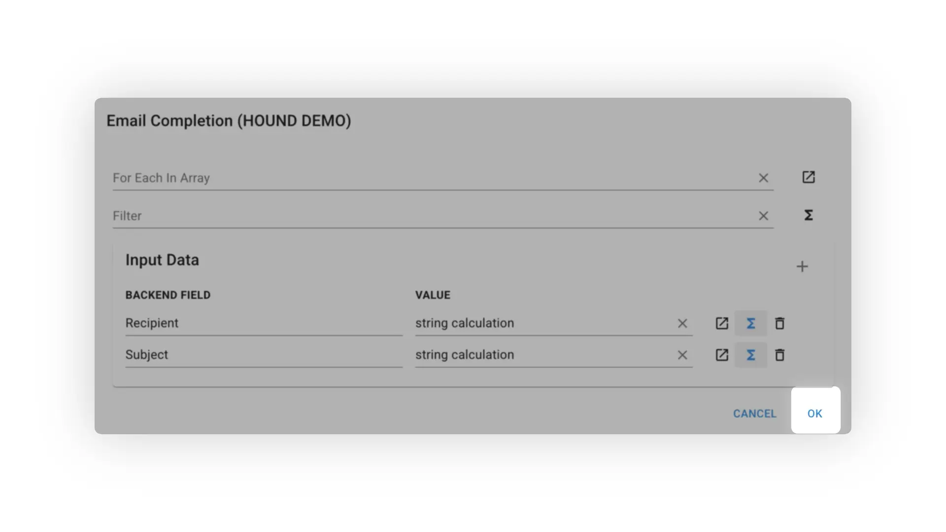 Mirata Email Completion HOUND DEMO interface for configuring workflow integration actions.