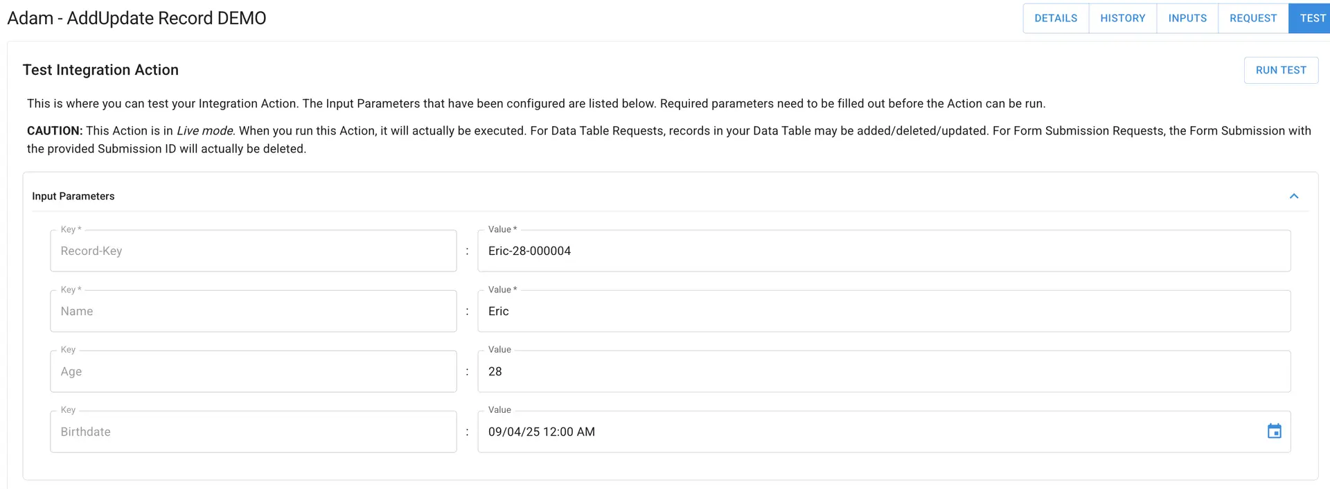 Mirata - Adam AddUpdate Record DEMO Test Integration Action page