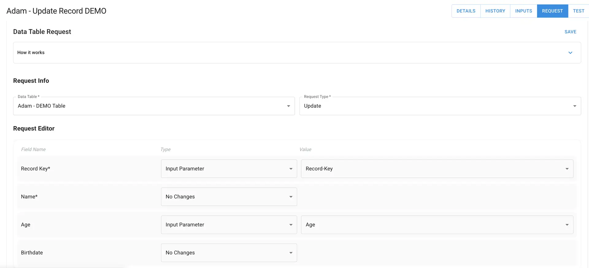 Mirata Adam - Update Record DEMO Data Table Request page showing request info and editor fields.