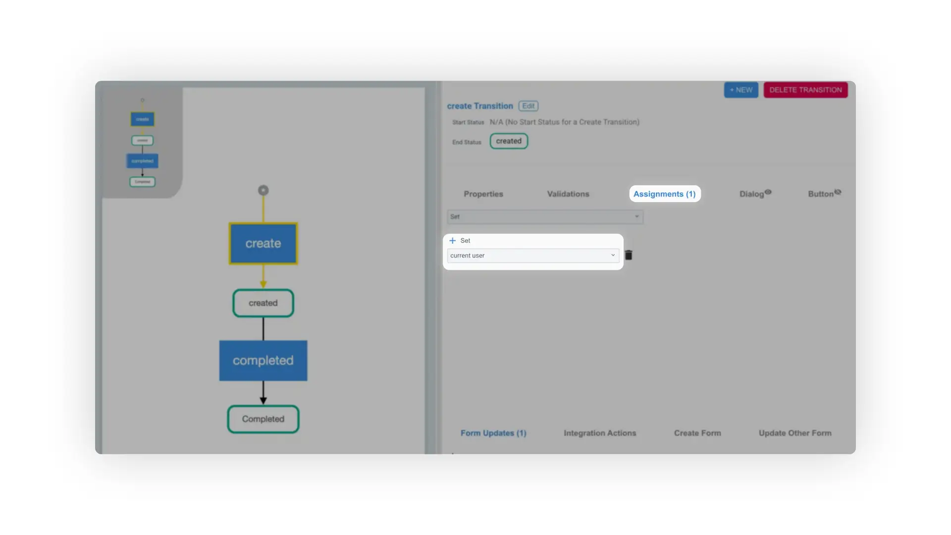 Mirata Forms Transition Configuration Screen showing create to created transition setup