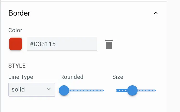 Mirata platform button border styling options with color, line type, rounded, and size settings.