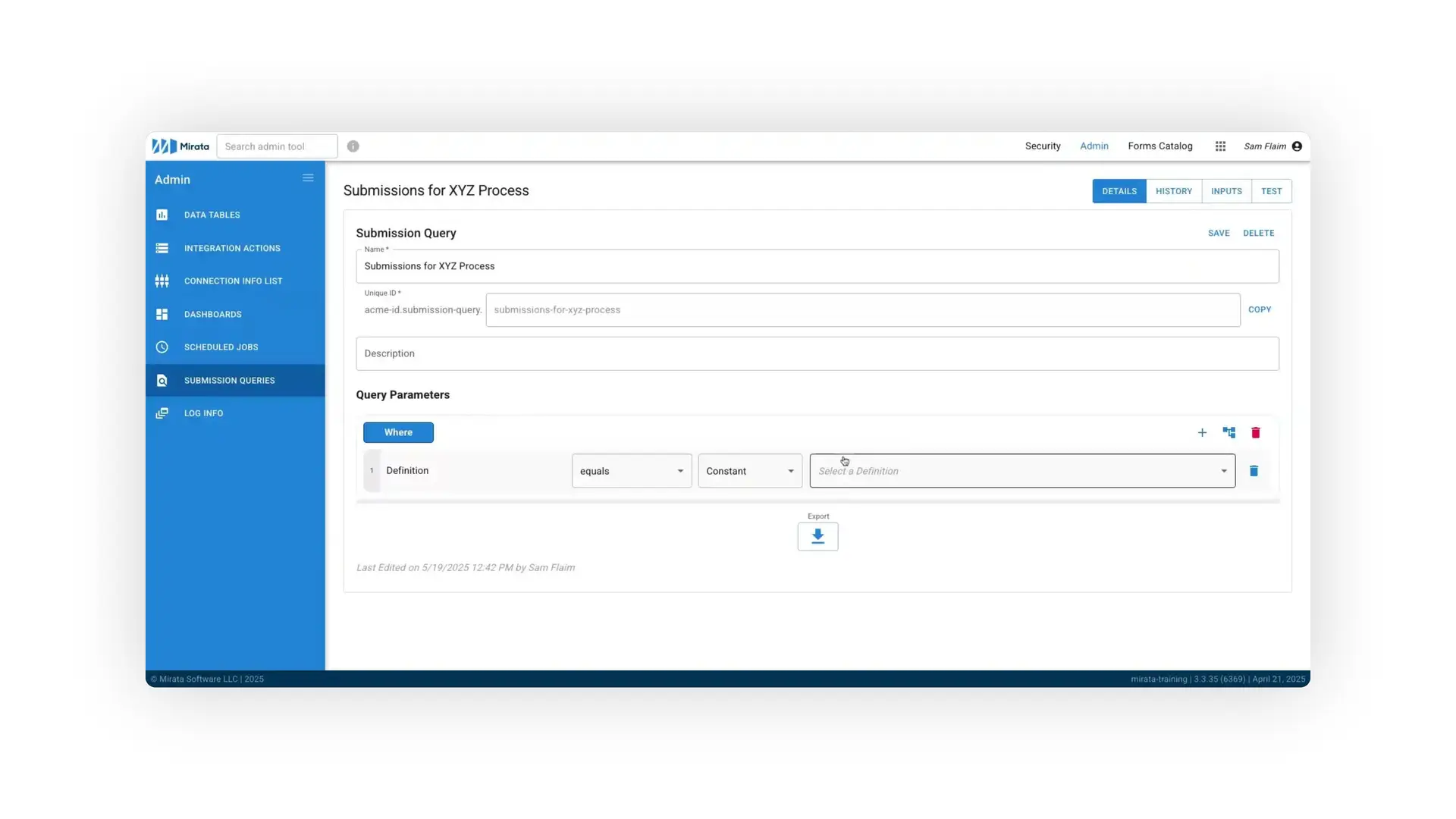 Mirata Admin Submission Queries page for Submissions for XYZ Process