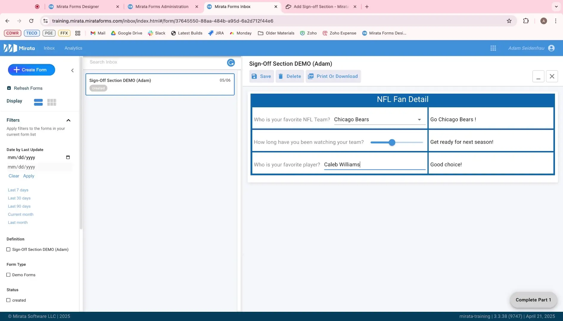 Mirata Forms Inbox showing Sign-Off Section DEMO form with NFL Fan Detail fields.