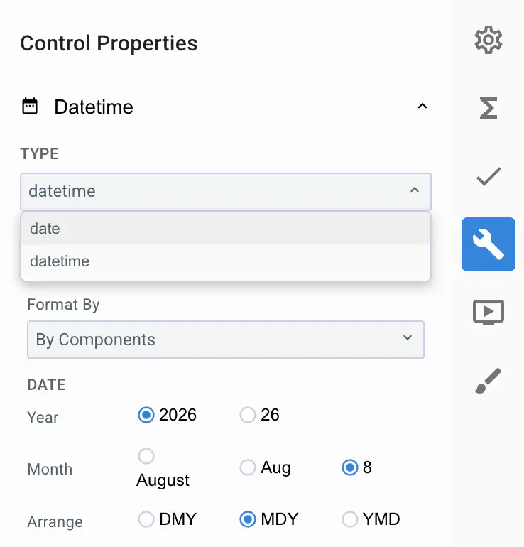 Mirata Control Properties panel for Datetime configuration