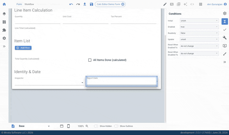 Mirata Calc Editor Demo Form with Line Item Calculation and Conditions panel