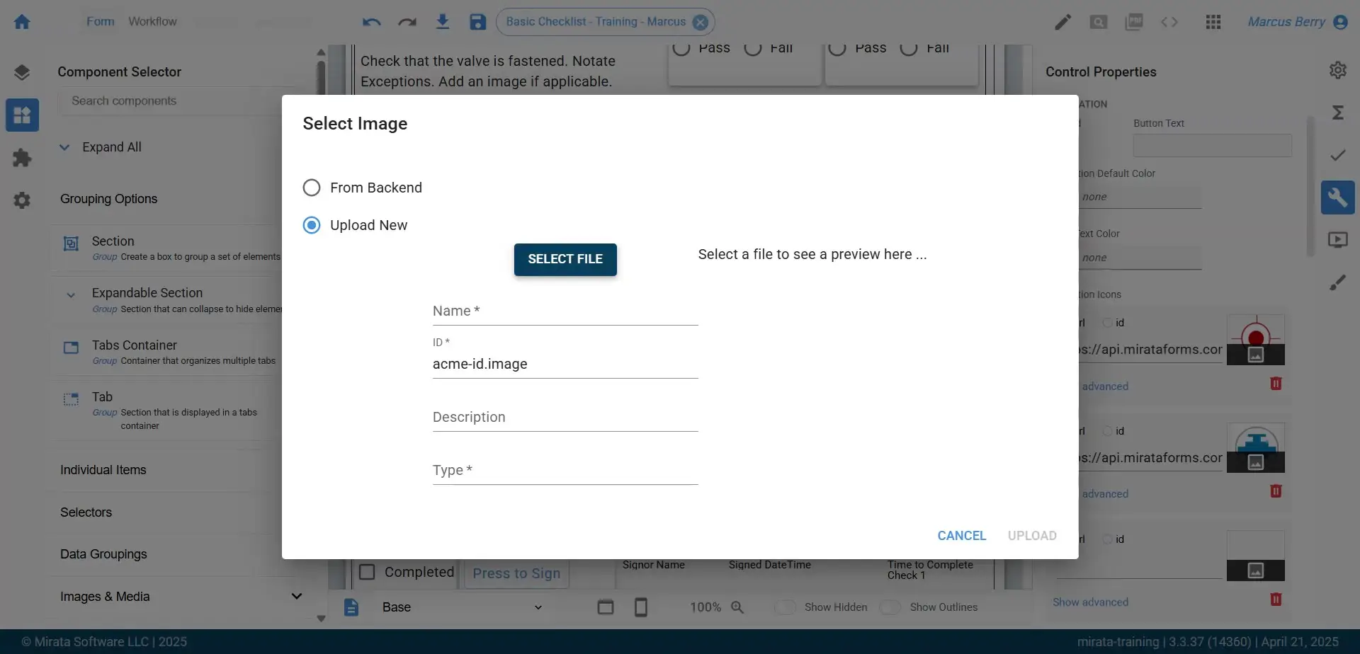 The user is in the process of uploading a new image to the form. The 'Select Image' dialog is open, with the 'Upload New' option selected, and fields for image details are visible.