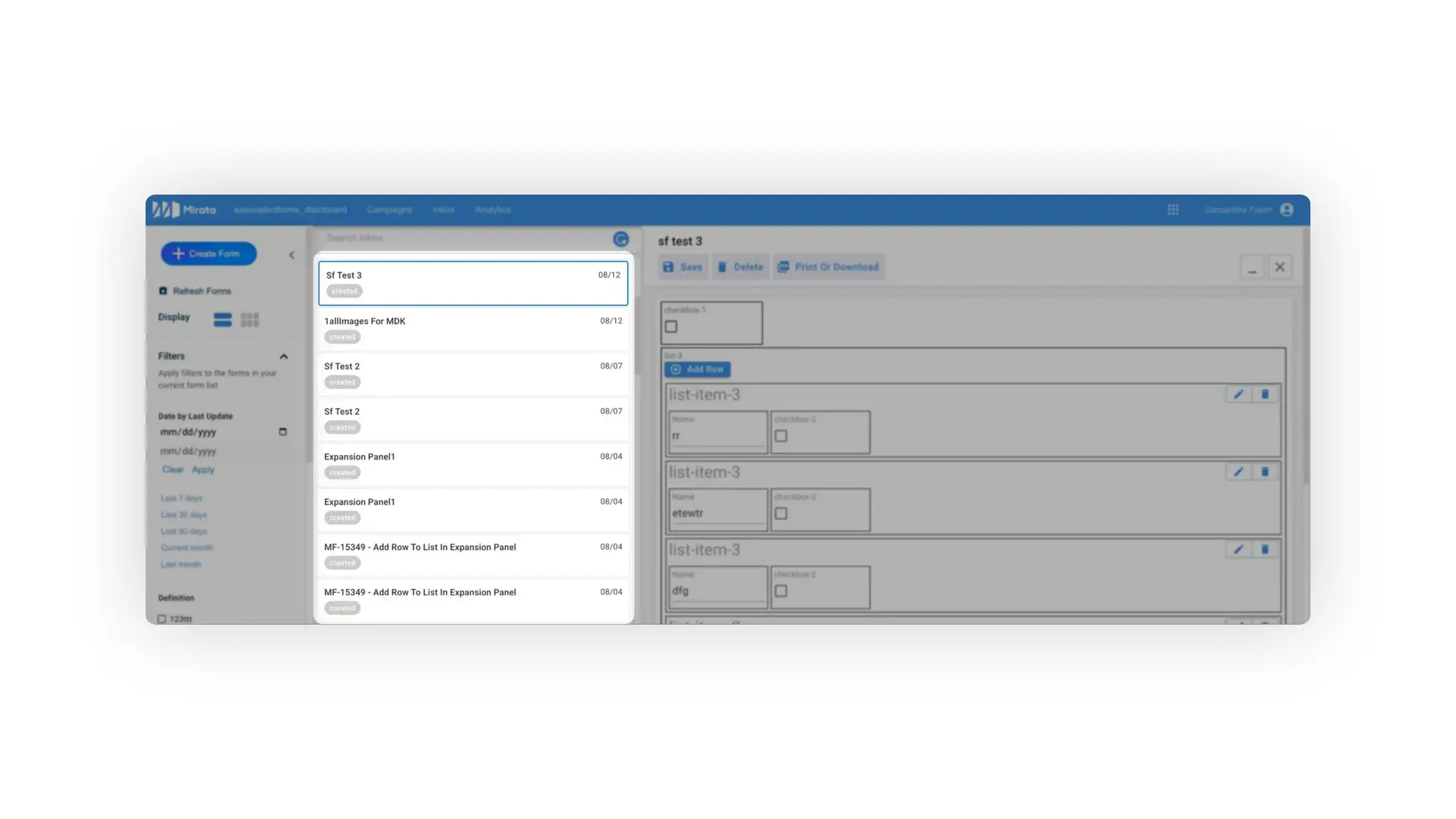 Mirata platform interface showing form management with options to create, filter, and edit forms in the associatedforms_dashboard section.