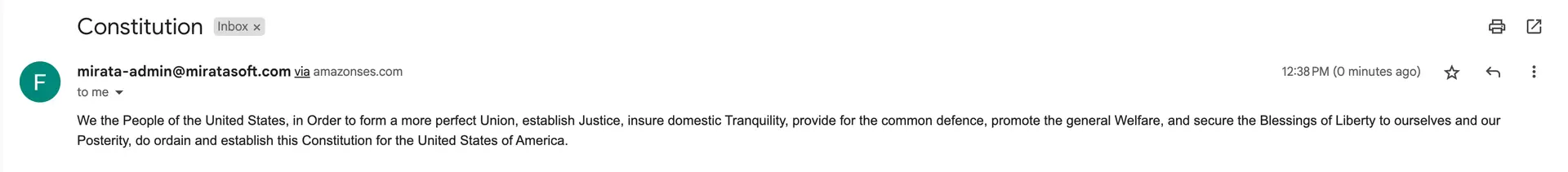 Email from mirata-admin@miratasoft.com with subject 'Constitution' in Inbox