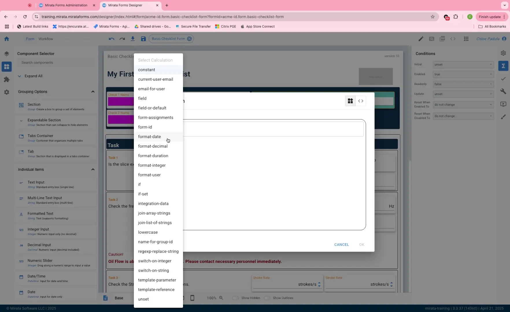 Mirata Forms Designer interface showing Select Calculation dropdown in form design.