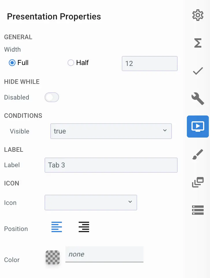Mirata Presentation Properties panel for tab configuration