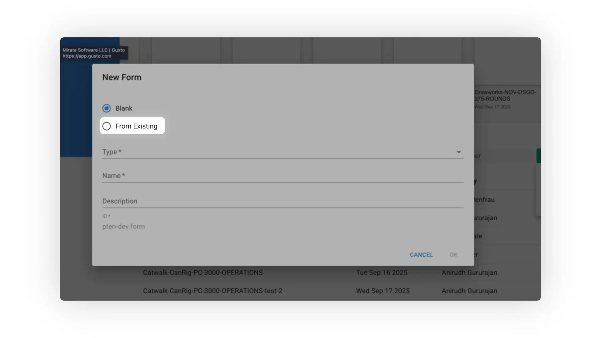 Mirata New Form creation screen