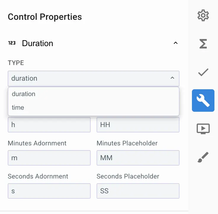 Mirata Control Properties panel for Duration component