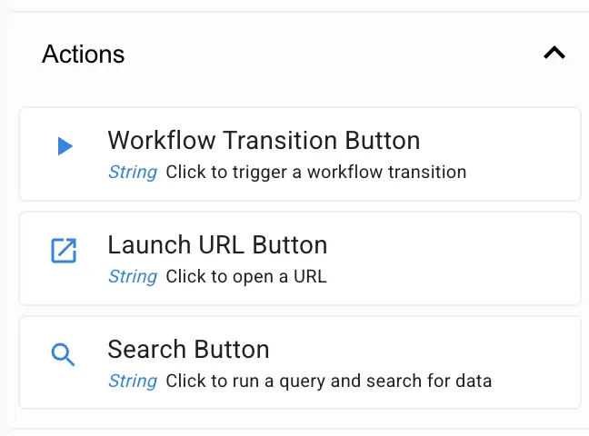 Mirata Forms Actions section with Workflow Transition, Launch URL, and Search buttons.