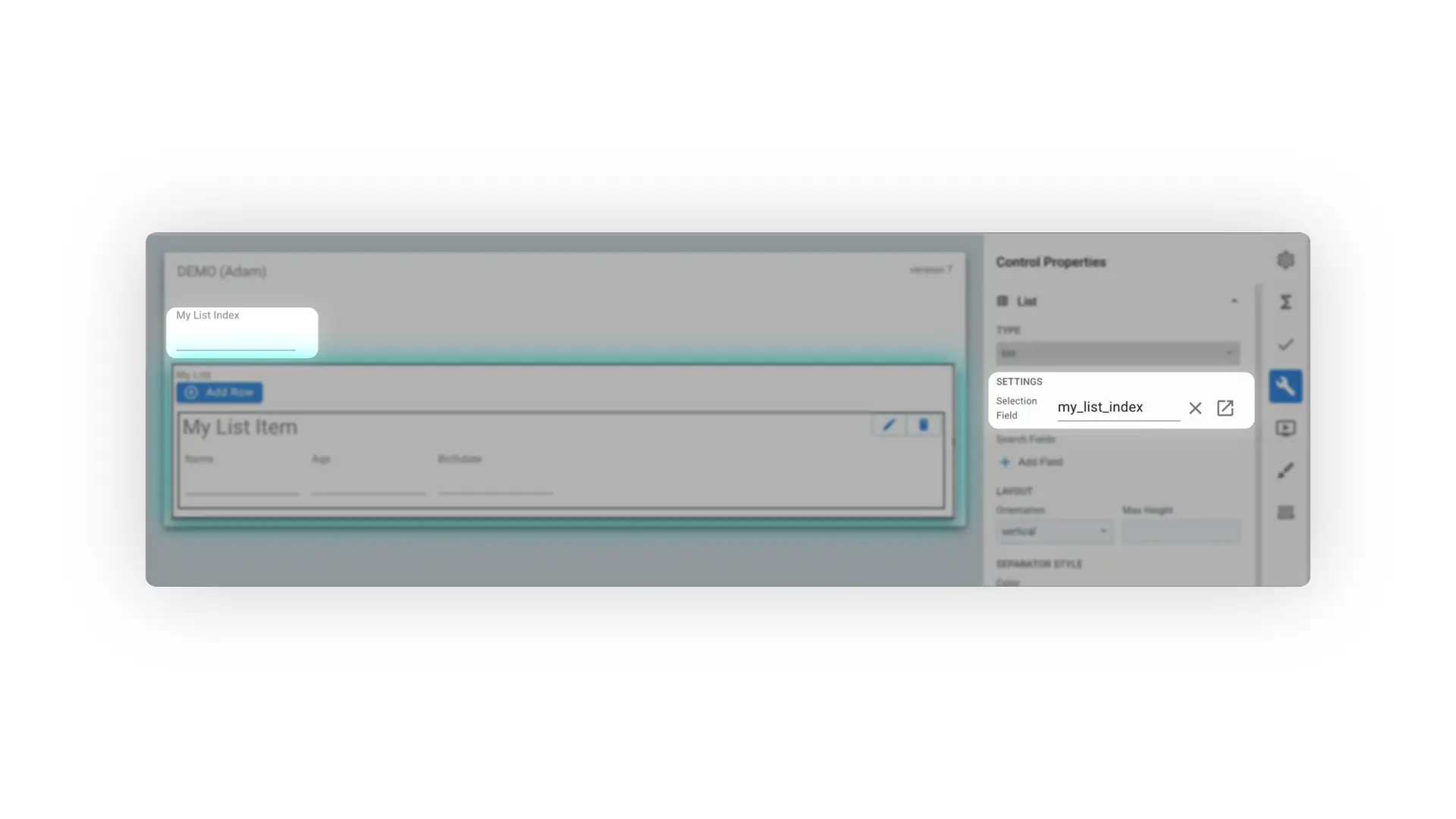 Mirata Forms Customized List Transition interface with control properties panel