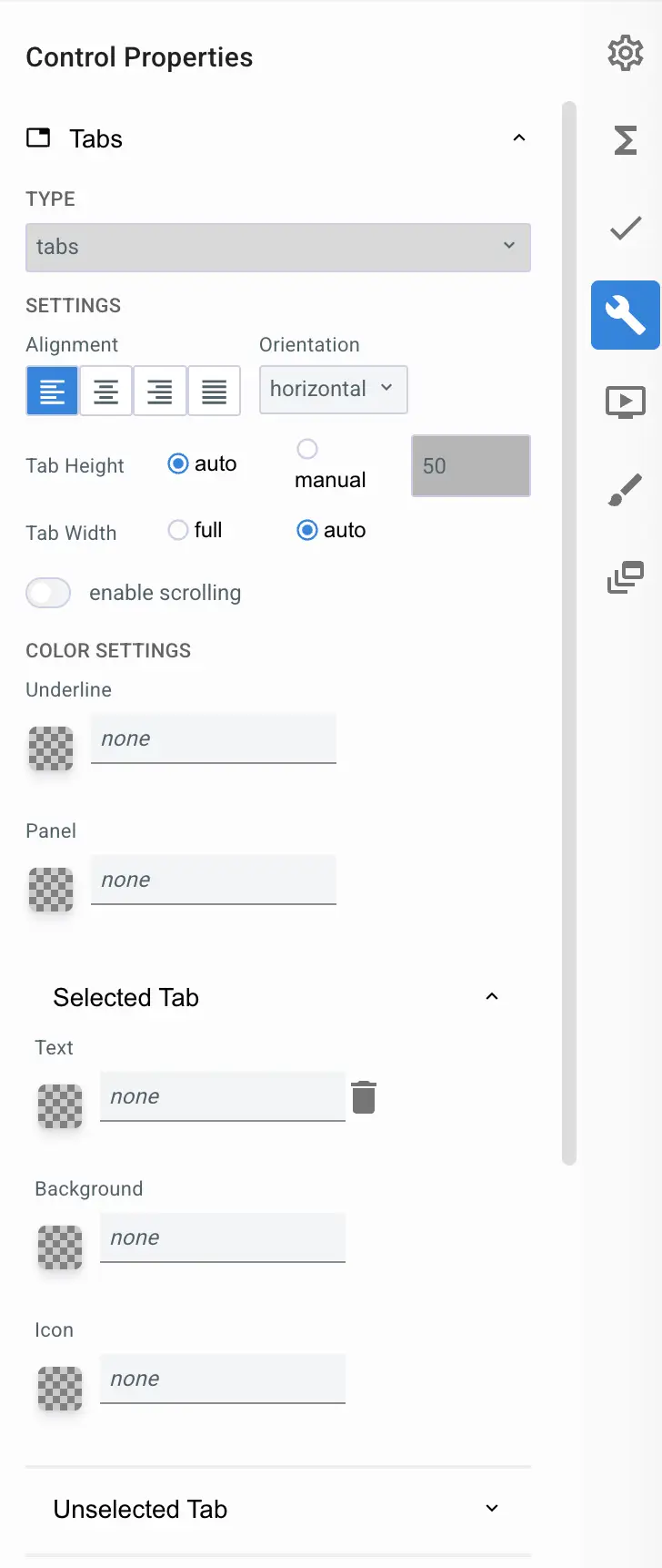 Mirata Control Properties panel for Tabs configuration