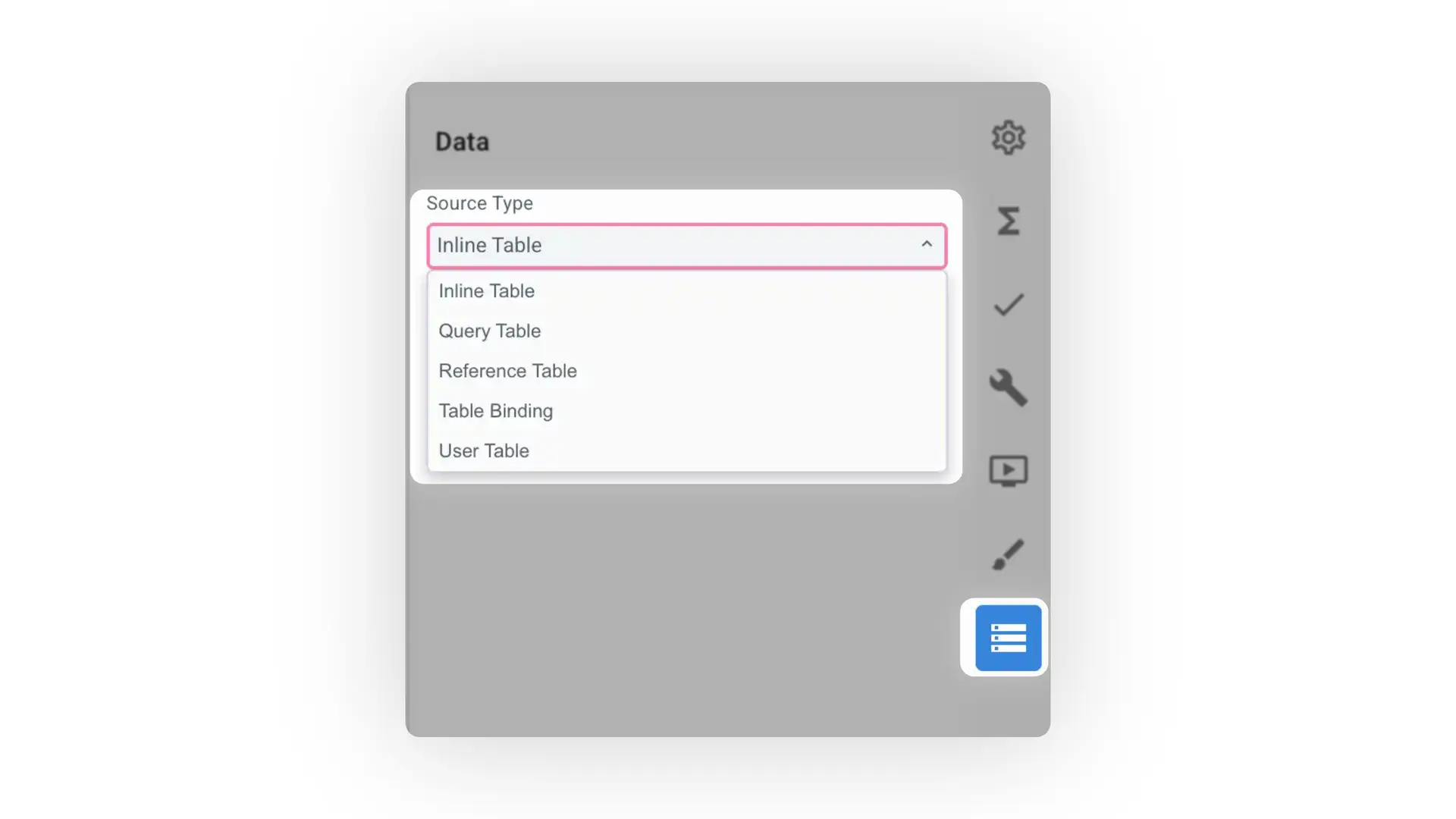 Mirata platform data source type selection with dropdown options for Inline Table, Query Table, Reference Table, Table Binding, and User Table.