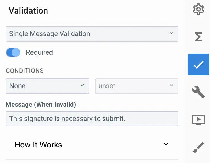 Mirata Forms Validation settings screen with Single Message Validation and Required toggle.