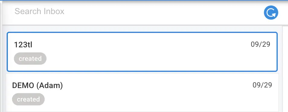 Mirata Forms Inbox with search bar and refresh button